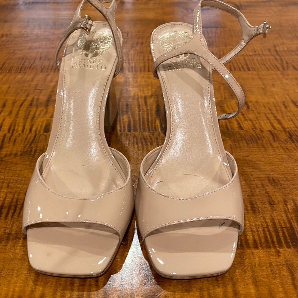 Vince Camuto tan patent chunky heel sandals.